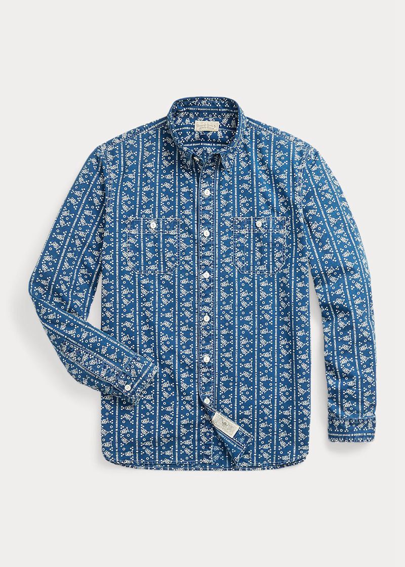RRL シャツ メンズ 青 ロゴ-印刷する インジゴ Woven Work RANYP0357